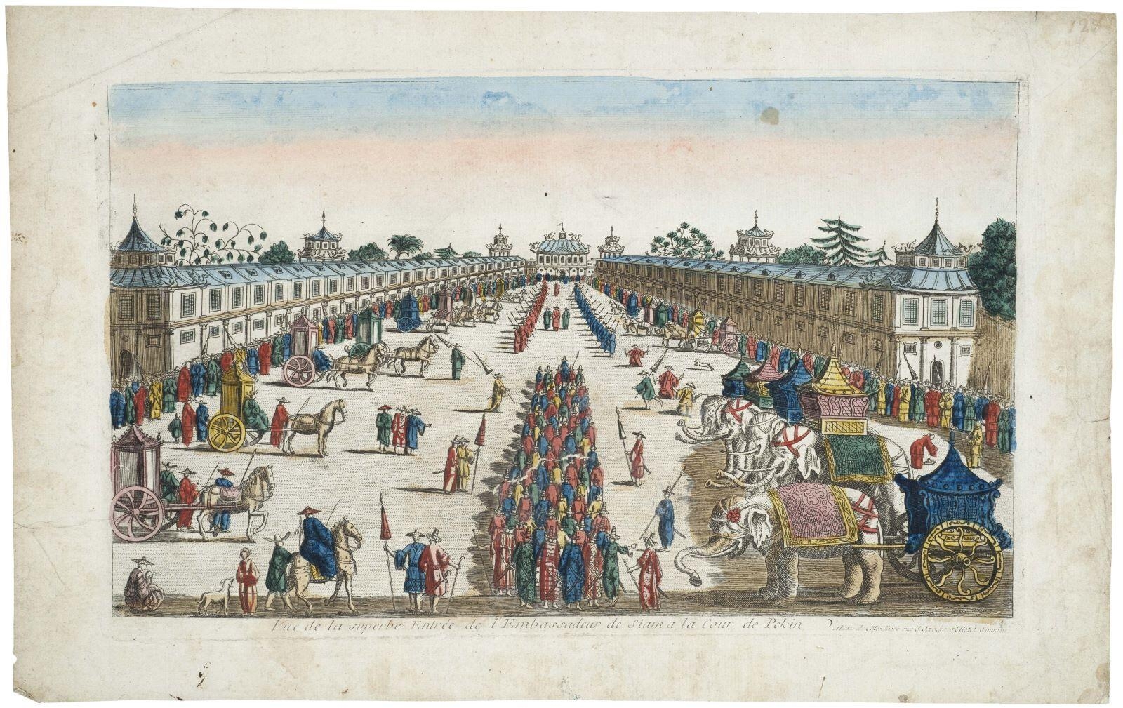 Vue de la superbe Entrée de l'Embassadeur [sic] de Siam a la Cour de Pekin (titre inscrit) ; Vue de la superbe Entrée de l'Ambassadeur de Siam à la Cour de Pékin (titre factice)
