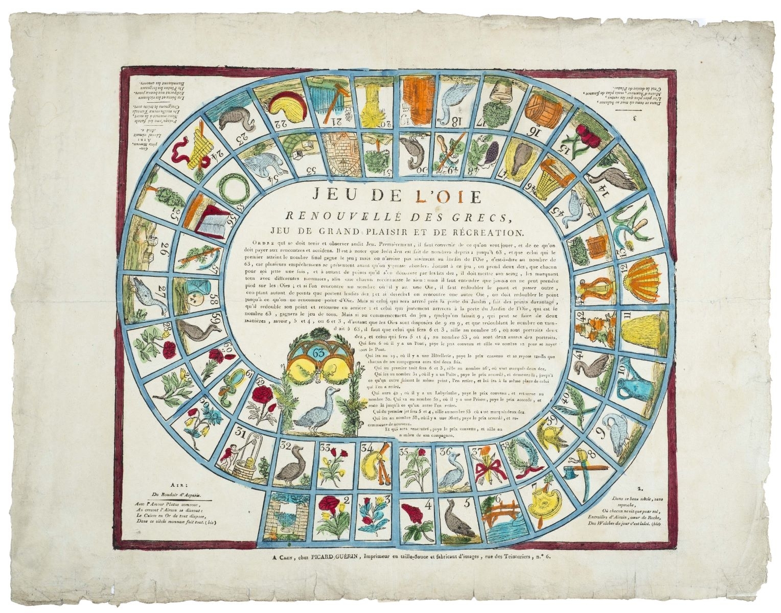 JEU DE L'OIE / RENOUVELLÉ DES GRECS, / JEU DE GRAND PLAISIR ET DE RÉCRÉATION (titre inscrit)