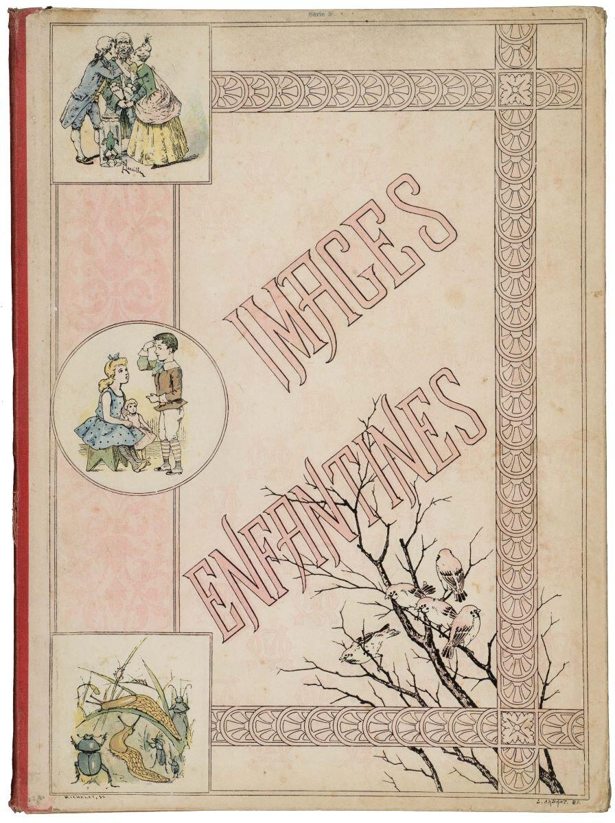 Série 5e. / IMAGES / ENFANTINES (titre inscrit) ; première de couverture : vignette provenant d'une cure merveilleuse / vignette provenant d'Un grand voyage / limaces et scarabées : vignette de l'histoirette La fête chez le lézard ; au revers : l'arbre de Noël (titre factice)