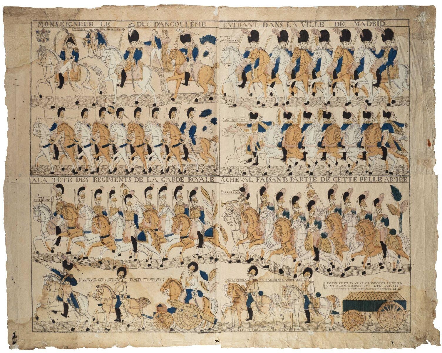 MONSEIGNEUR LE DUC D’ANGOULEME ENTRANT DANS LA VILLE DE MADRID / A LA TETE DES REGIMENTS DE LA GARDE ROYALE A CHEVAL FAISANTS [sic] PARTIE DE CETTE BELLE ARMEE. (titre inscrit)