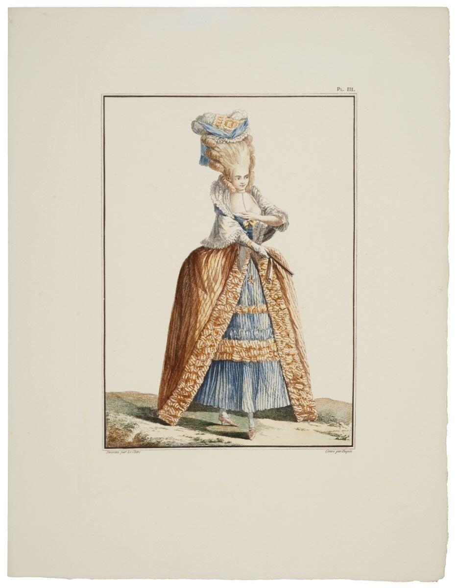 PL. III (titre inscrit) ; Elégante en petit robe de Taffertas des Indes rayé (titre factice)