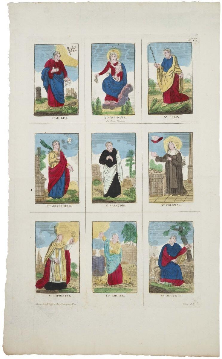 ST. JULES. / NOTRE-DAME. / Du Mont Carmel. / ST. FELIX. / STE. JOSEPHINE. / ST. FRANÇOIS. / STE. COLOMBE. / ST. HIPOLITTE. / STE. LOUISE. / STE. AUGUSTE. N°. 47. (titre inscrit)