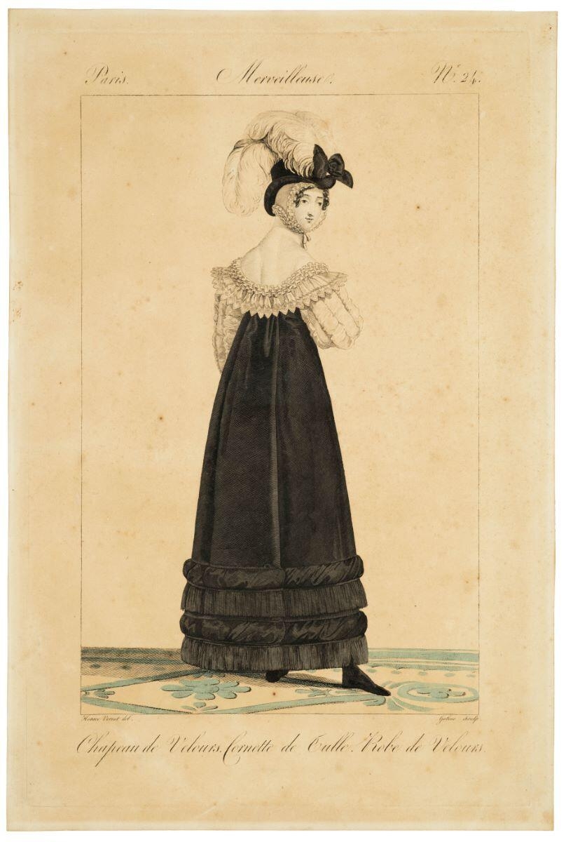 Chapeau de Velours. Cornette de Tules. Robe de Velours. Paris. Merveilleuses. N°.24. (titre inscrit)