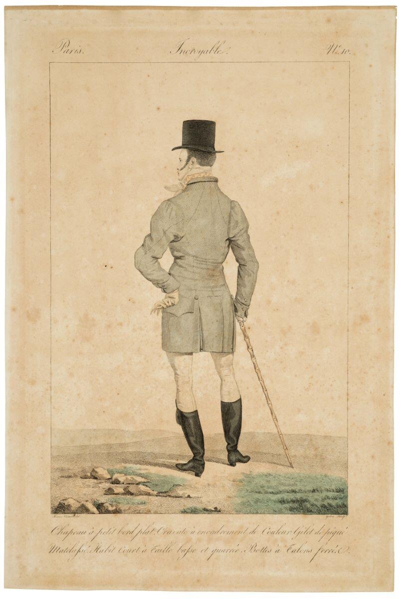 Chapeau à petit bord plat Cravate à encadrement de Couleur. Gilet de piqué Matelassé. Habit Court à Taille basse et quarrée. Bottes à Talons ferrés. Paris. Incroyables. N°.10. (titre inscrit)