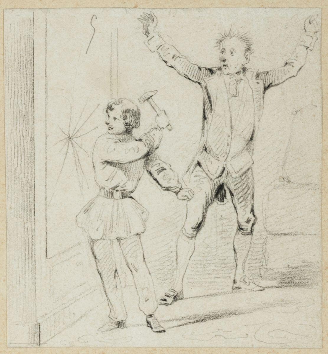 Dessins originaux de Charles Pinot / garçon frappe un miroir avec un marteau, un homme l'observe les bras en l'air (titre factice)