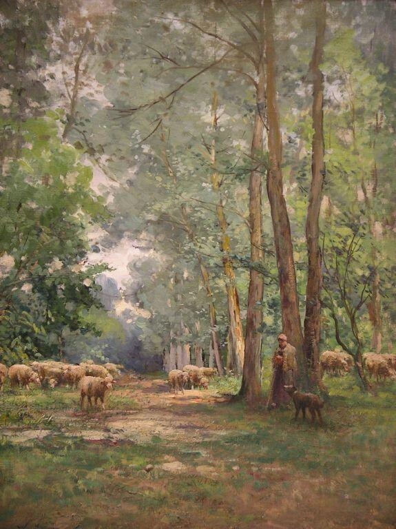 Bergère et ses moutons dans un paysage boisé