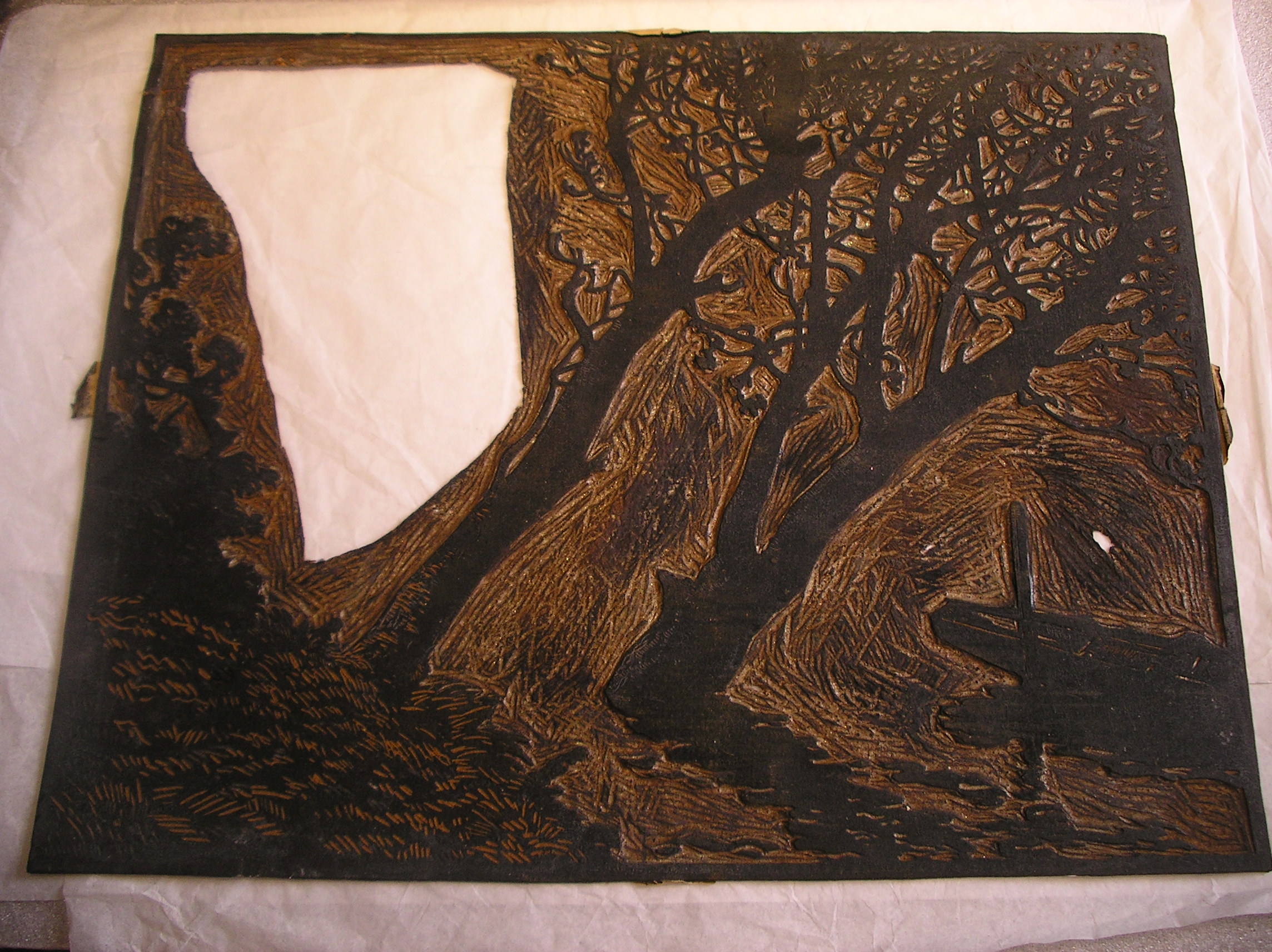 Lot de 4 plaques représentant une vue d'un bord de l'eau avec barques et arbres