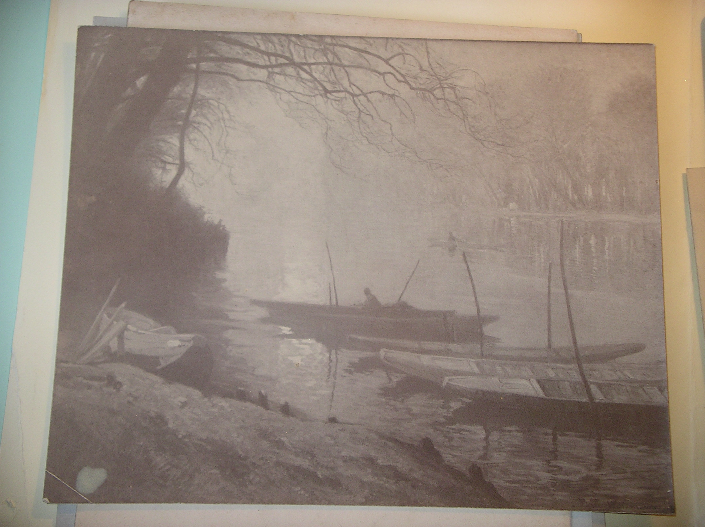 Barques au bord d'un fleuve. Tableau de Pierre Waidmann