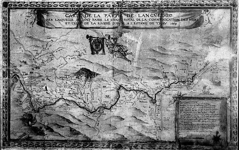 Carte de la partie du Languedoc par laquelle se doit faire le canal Royal de la communication des mers et celui de la rivière Aude à  l'estang de Thau 1668