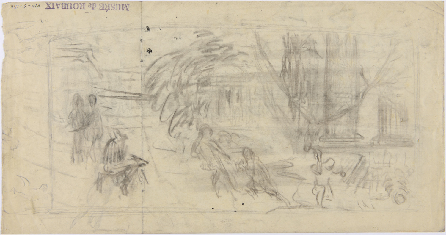 Deux études de décor et reprises de têtes (recto), étude de composition (verso)