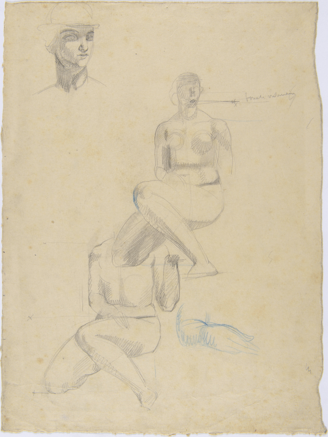 Deux études de détail pour les Amazones au ruban bleu : femme assise avec reprise de la tête et du bras droit pour le personnage de droite