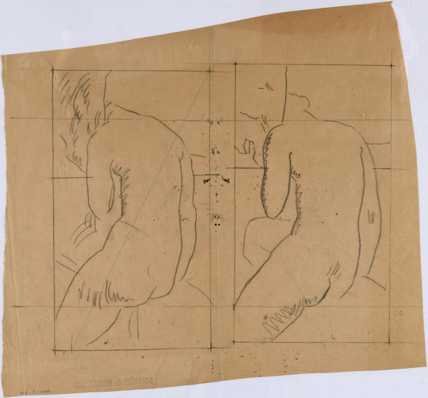 Deux études de composition pour une Fantaisie à la baigneuse Valpinçon : femme nue, assise de dos, tenant la tête d'un cheval