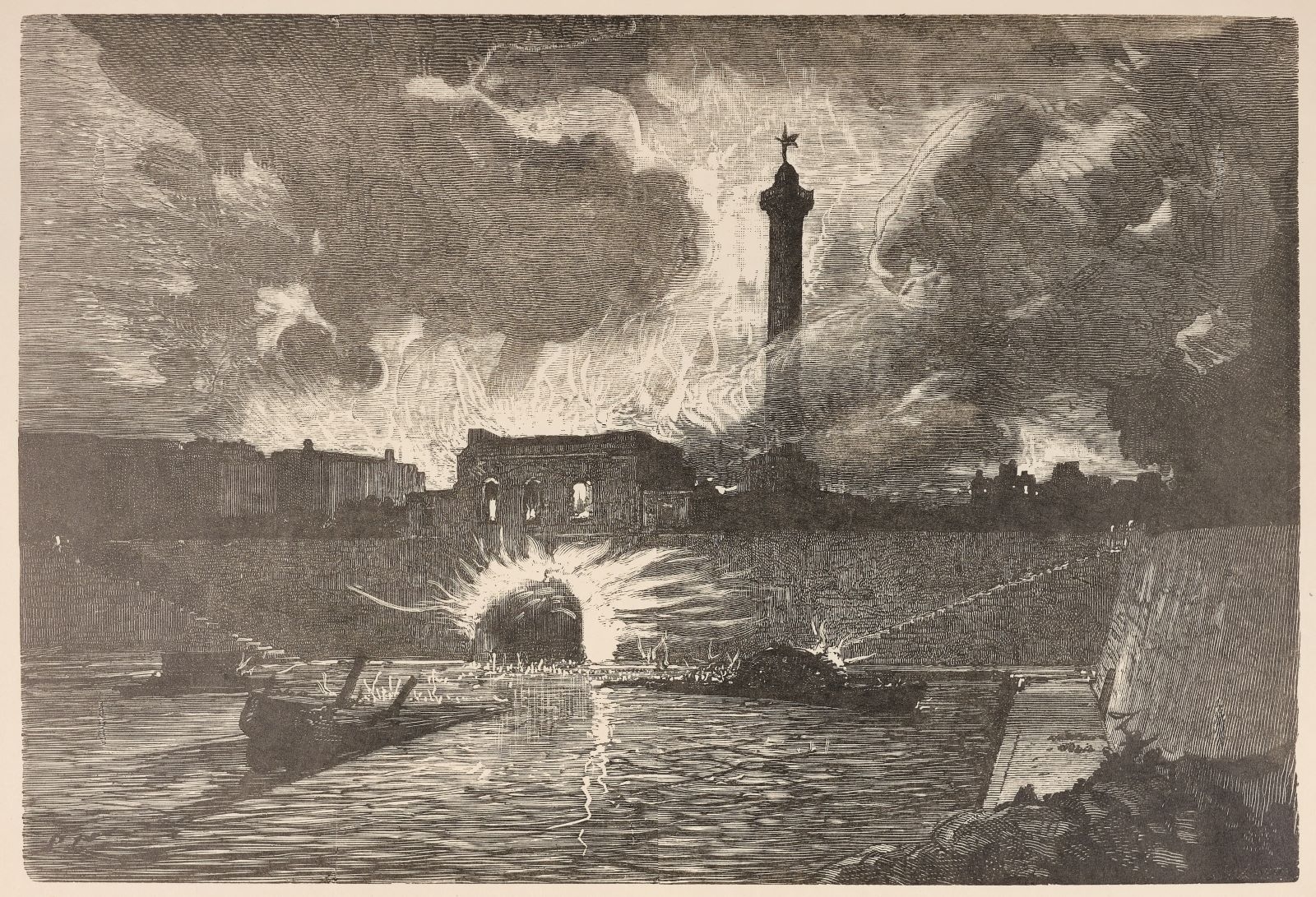 A la Bastille. Incendie de bateaux de pétrole sous la voûte du canal Saint-Martin