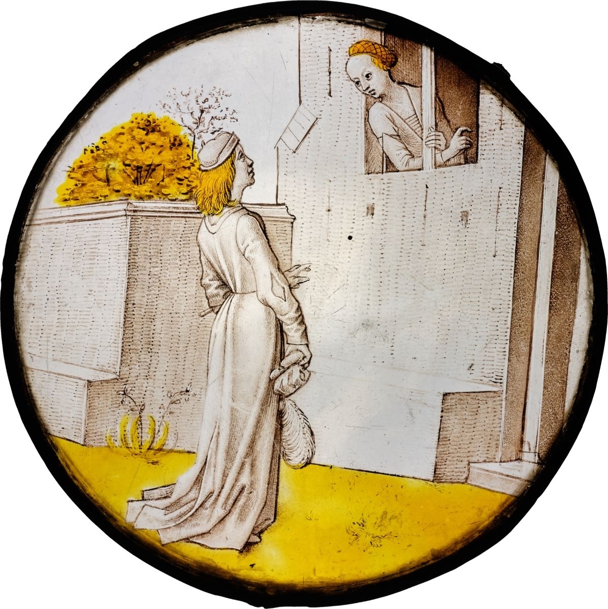 Jeune homme et jeune femme à sa fenêtre (Le Roman de la Rose ?)