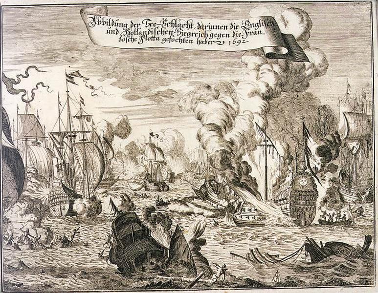 Abbildung der Zee-Schlacht darinnen die Englisch und Hollandischen Ziegreich gegen die Franzosche Flotta gefochten haber 1692 (titre inscrit) [Reproduction de la bataille navale où les Anglais et les Hollandais victorieux se sont battus contre les Français en 1692]