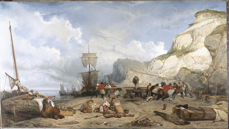 Pêcheur hâlant un bateau à terre, vue prise à Port-en-Bessin (titre de salon) ; La grève de Port-en-Bessin (titre ancien)