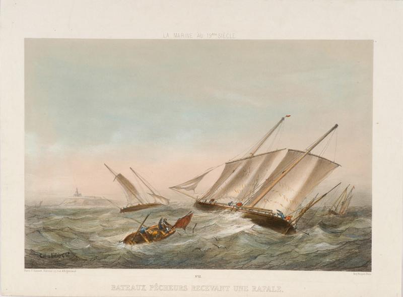 Bateaux pêcheurs recevant une rafale (titre inscrit)