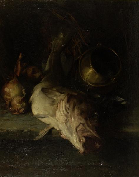 Nature morte au cabillaud et pièce de cuivre