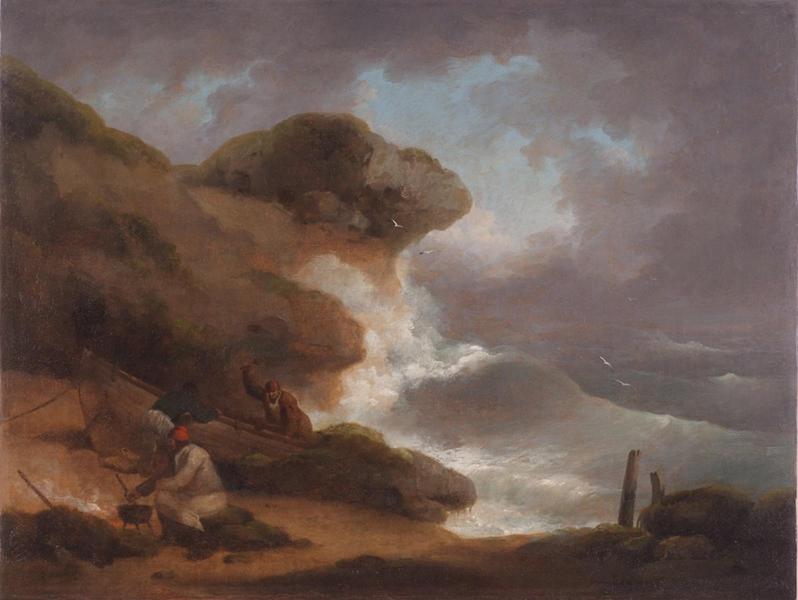 Fisherman cooking while others repair a boat in the storm