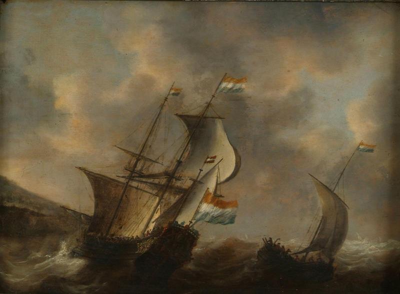 Scène de tempête avec un trois-mâts et une barque de pêche