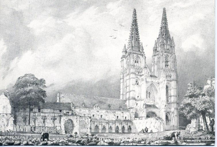 Soissons - Ancienne abbaye Saint-Jean-des-Vignes - 'Cloître et flèches' (lithographie du XIXe)
