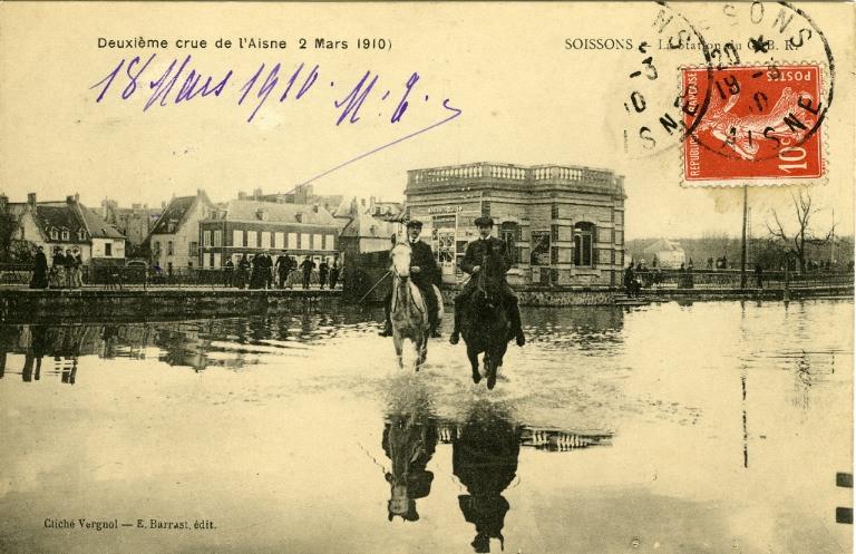 Soissons - Deuxième crue de l'Aisne (2 mars 1910) - La station du G.B R
