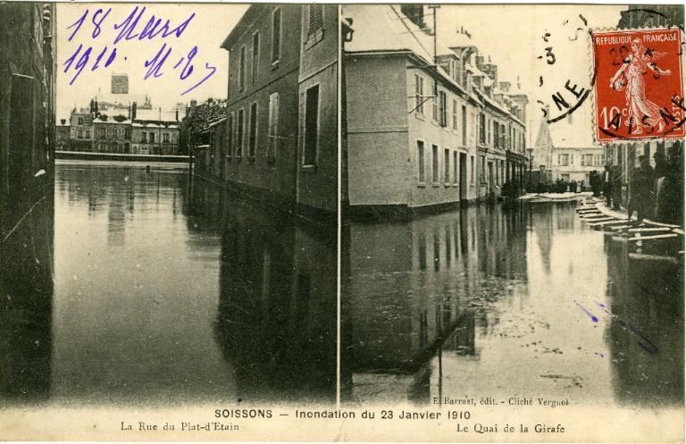 Soissons - Inondation du 23 janvier 1910 - La rue du plat d'Étain - Le quai de la girafe