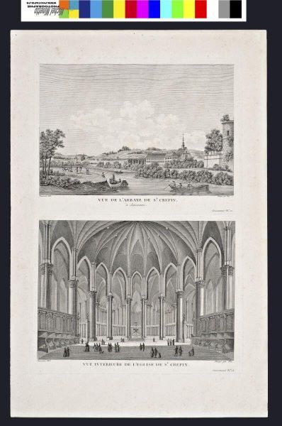 Vue de l'abbaye de Saint-Crépin à Soissons. / Vue intérieure de l'église de Saint-Crépin.