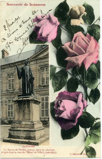 Souvenir de Soissons - La statue de Paillet, avocat, mort en plaidant érigée dans la cour d'honneur de l'Hôtel de ville (1796-1855)