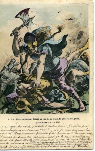 Clovis attaque, défait et tue de sa main le générale Siagrius, prés Soissons, en 486