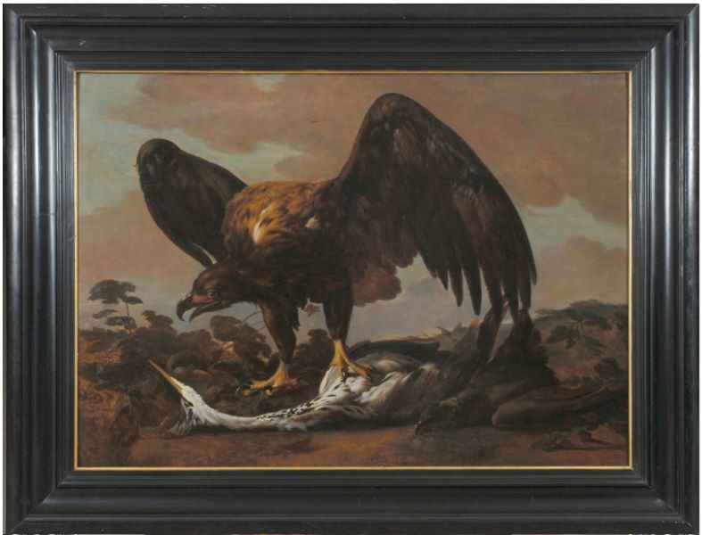 Un aigle royal avec ses proies, un héron cendré et un épervier, dans un paysage (titre récent) ; L’aigle et le héron (titre ancien)