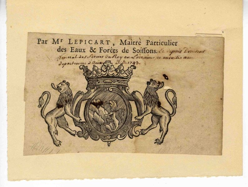 Armes de Monsieur Lepicart, maître particulier des eaux et forêts de Soissons