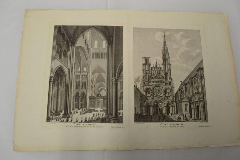 Première vue intérieure de l'église cathédrale de Laon du côté du sanctuaire / Première vue extérieure de l'église cathédrale de Laon