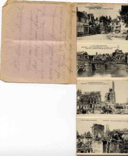 Carte-lettre - La plainte des ruines - Soissons : Place de la Cathédrale (côté sud), Pont de Saint-Waast, dit 'des Anglais' parce que refait par les Anglais fin 1914 (vue prise du côté Sud-Est), Cathédrale (Vue prise du côté Nord-Est), Environs du Quartier Saint-Martin, Place Saint-Pierre (côté Nord), Environs du Quartier Saint-Martin, Pont de Saint-Waast, dit 'des Anglais' et Rivière l'Aisne (vue prise du côté Sud-Ouest), Rue du Collège, Place Saint-Pierre (côté Nord-Ouest) et Rue du Commerce, Place du Cloître