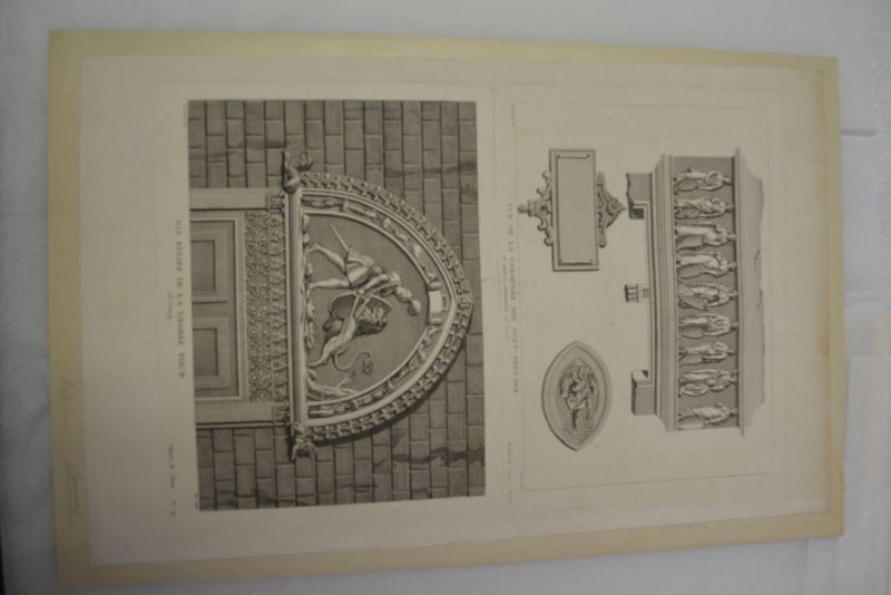 Vue de la cheminée des neufs preuses et autres antiquités de Coucy. Bas-relief de la grosse tour de Coucy.