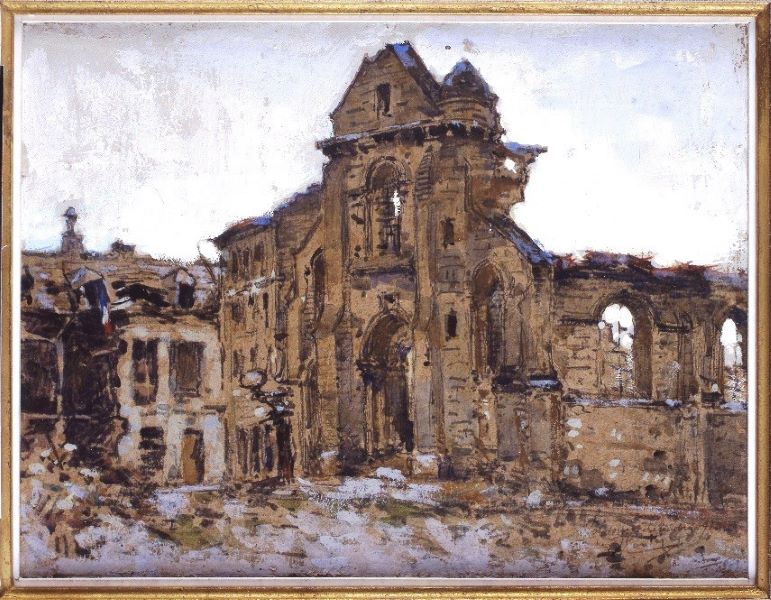 Saint-Pierre-au-Parvis en ruines aprés la Première Guerre mondiale