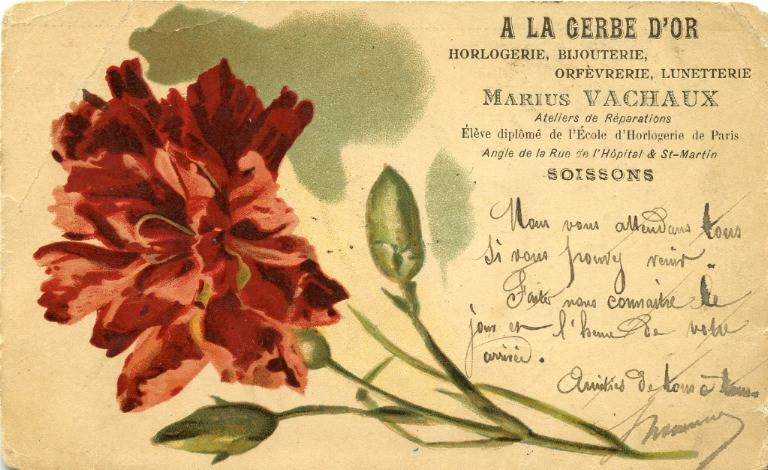 A la gerbe d'or, horlogerie, bijouterie, orfèvrerie, lunetterie - Marius Vachaux Ateliers de réparations Elève diplômé de l'Ecole d'Horlogerie de Paris, Angle de la Rue de l'Hopital & St-Martin, Soissons