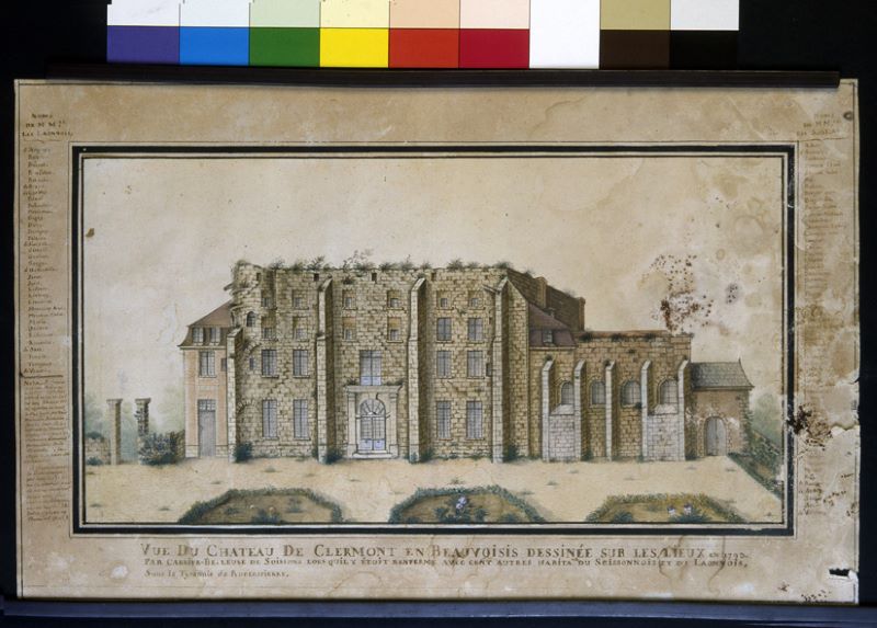 Vue du château de Clermont en Beauvoisis, dessinée sur les lieux, en 1793, par Carrier-Belleuse, de Soissons, lorsqu'il y était renfermé avec cent autres habitants du Soissonnais et du Laonnois sous la tyrannie de Robespierre