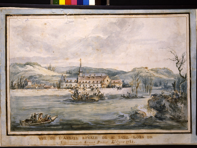 Vue de l'abbaye royale de Saint-Paul lors de l’inondation de Soissons pendant l’hiver 1784