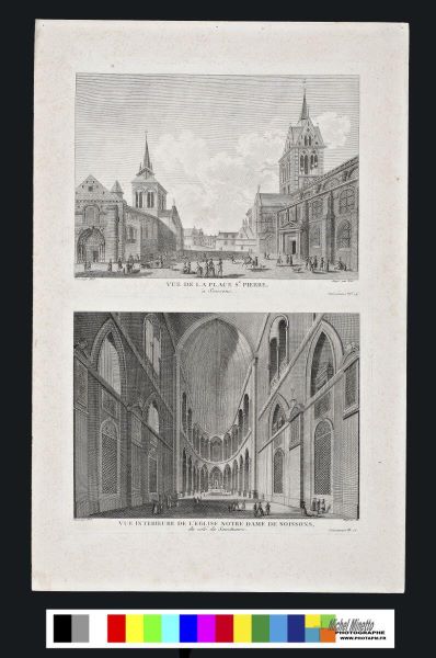 Vue de la place Saint-Pierre à Soissons. / Vue intérieure de l'église Notre-Dame de Soissons, du côté du sanctuaire.