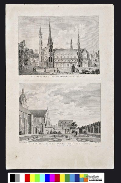 Vue d'une des anciennes églises de Saint-Médard. / Vue intérieure de la cour de l'abbaye de Saint-Médard où l'on voit la prison de Louis le Débonnaire.