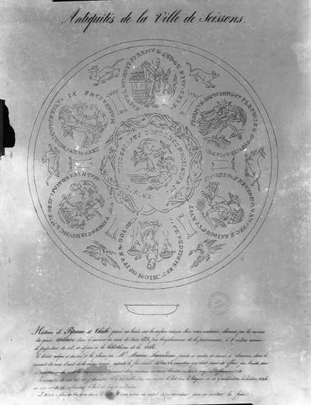 Dessin représentant l’Histoire de Pyrame et Thisbé gravée au burin sur la surface concave d’un vase en airain, découvert par les ouvriers du génie militaire en juin 1833