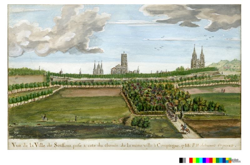 Vue de la Ville de Soissons, prise à côté du chemin de la même ville à Compiègne (vue ouest) (recto) ; Ferme fortifiée en ruines (verso)