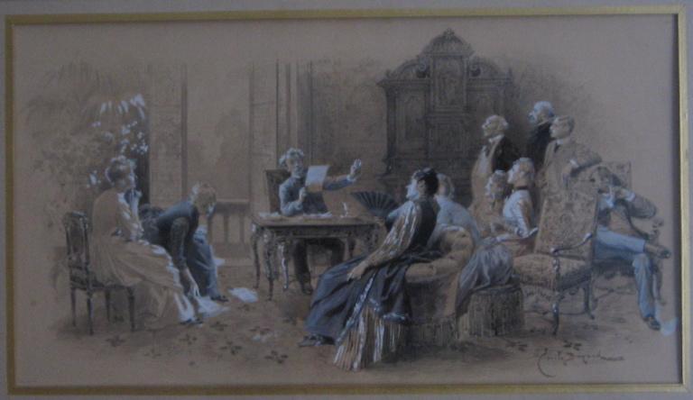 Alexandre Dumas fils faisant la lecture d'une de ses pièces dans un salon