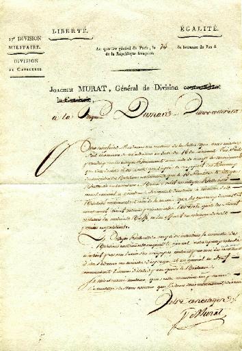 Lettre de Jaochim Murat à la citoyenne Dumas, 25 brumaire an 8 (30 octobre 1799)