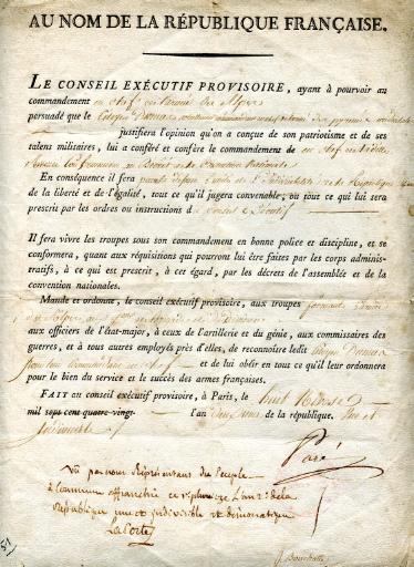 Ordonnance militaire du Conseil exécutif provisoire nommant le général Dumas au commandement en chef de l'armée des Alpes, le 8 nivôse l'an deuxième de la République une et indivisible (28 décembre 1793)