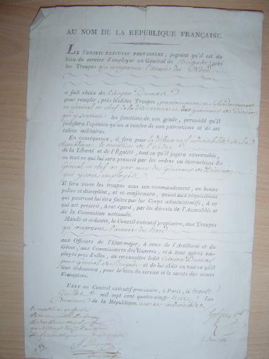Ordonnance militaire nommant le général Dumas général des troupes de l'armée du Nord, à Paris, le 30 juillet 1793 l'an 2