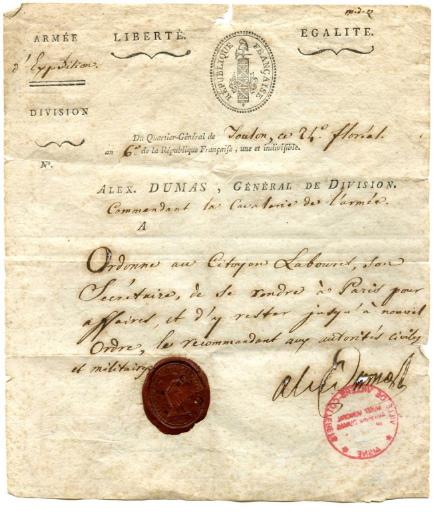 Lettre du Général Dumas à Monsieur Labouret,Toulon, le 24 Floréal an 6 (13 mai 1798)