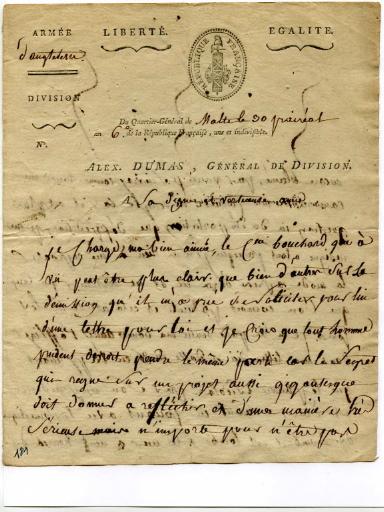 Lettre du Général Dumas à sa femme, Malte le 30 prairéal an 6 (18 juin 1798)