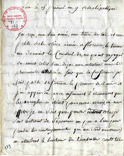 Lettre du Général Dumas à sa femme, Lion le 15 Prairial an 9 de la république (4 juin 1801)